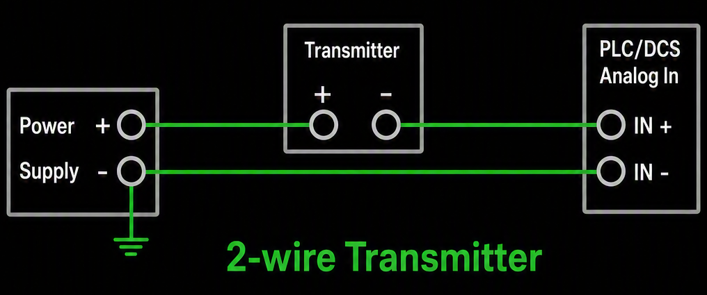 2-wire transmitter wiring diagram: Power Supply + and - to Transmitter + and - to PLC/DCS Analog In IN+ and IN-