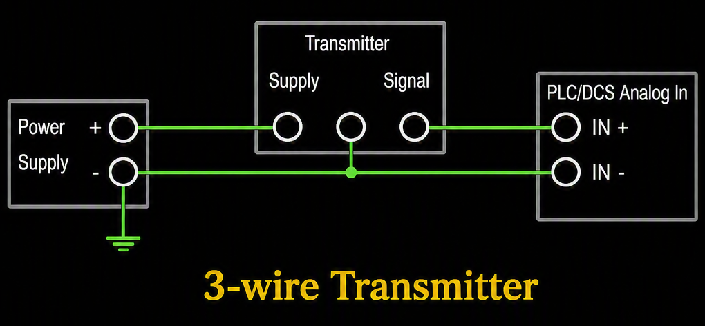 3-wire transmitter wiring diagram: Power Supply and shared common to Transmitter Supply/Signal, Signal to PLC/DCS Analog In