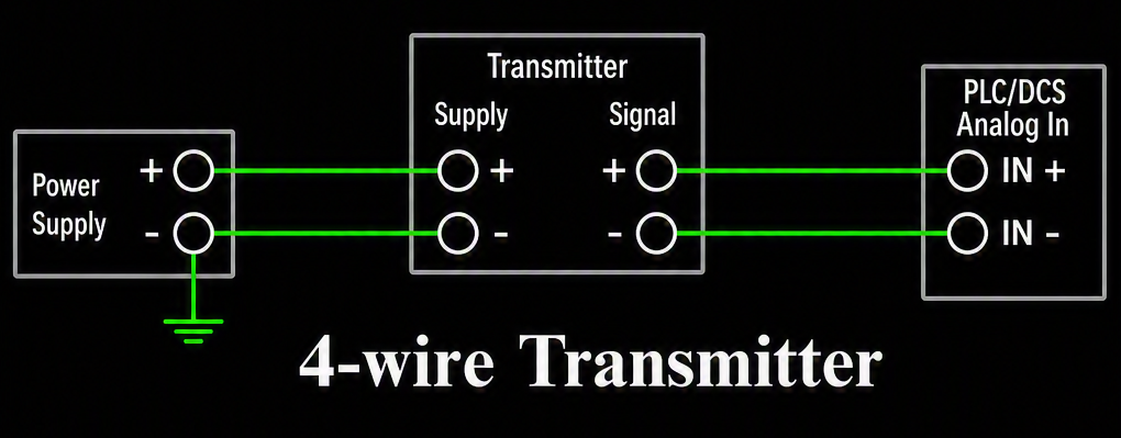 4-wire transmitter wiring diagram: separate Power Supply pair to Transmitter, separate Signal pair to PLC/DCS Analog In